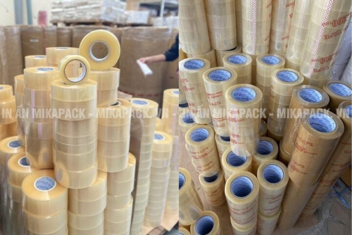 Cuộn băng keo trong suốt có ghi 100 yard và chiều dài 91.44 mét, minh họa các loại cuộn tròn phổ biến.