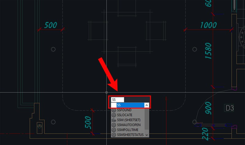 Giao diện AutoCAD sau khi nhập lệnh SS, sẵn sàng để tính diện tích