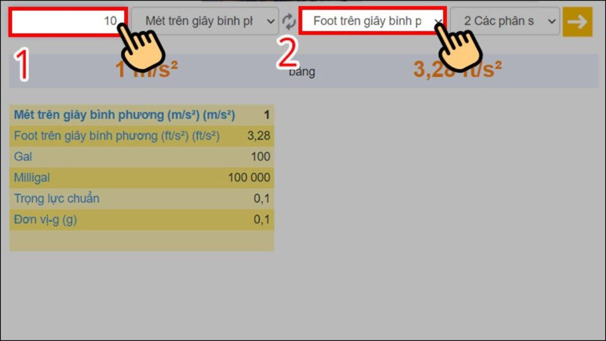 Giao diện chuyển đổi đơn vị gia tốc trên website