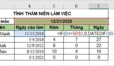 Hiển thị công thức tính số ngày lẻ thâm niên trong Excel