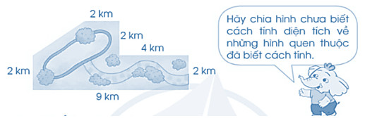 Hình ảnh khu đất cần tính diện tích bao gồm hình thang và hình chữ nhật, minh họa bài 57 luyện tập về tính diện tích
