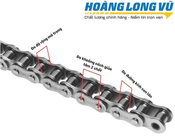 Hình ảnh một đoạn xích công nghiệp, minh họa các bộ phận cần đo để áp dụng công thức tính nhông xích và xác định thông số.