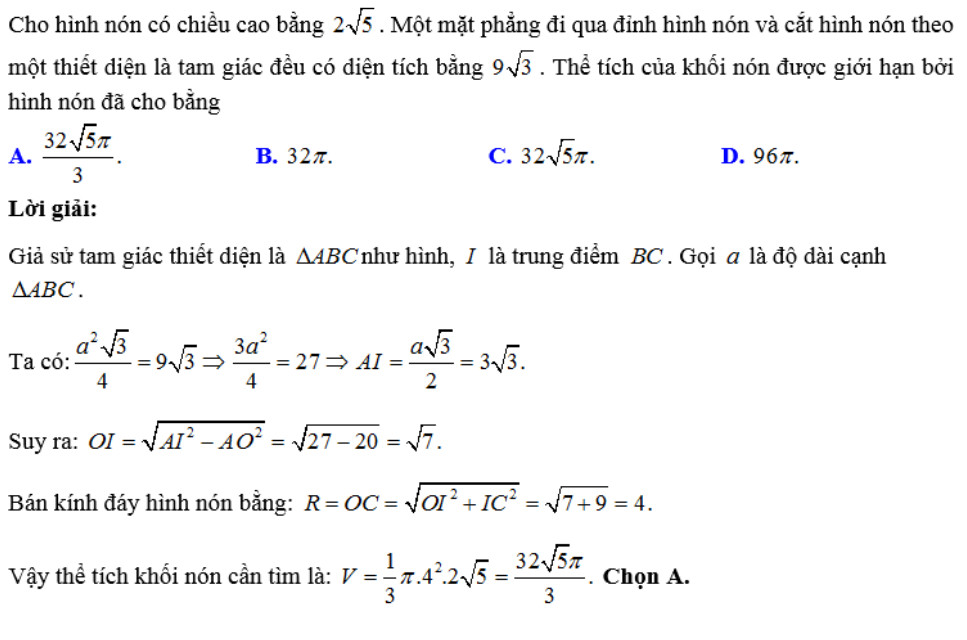 Hình minh họa các yếu tố của hình nón để tính thể tích
