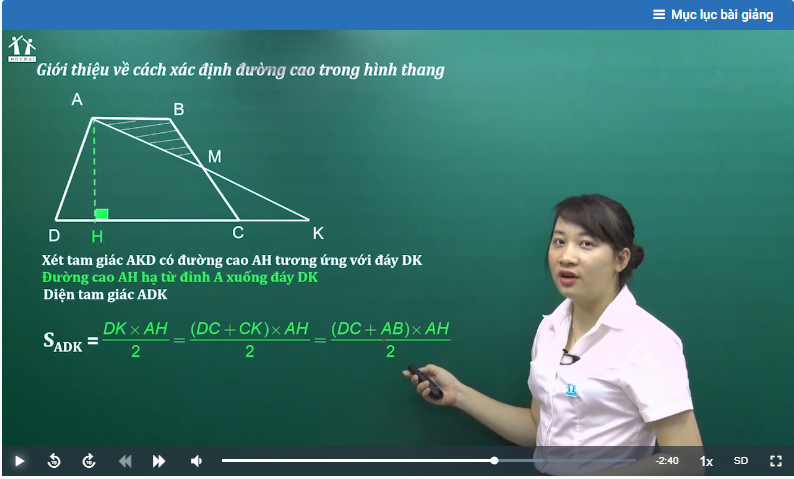 Hình thang ABCD biến đổi thành tam giác ADK để tính diện tích