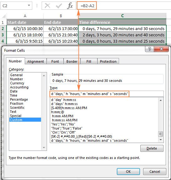 Hộp thoại Format Cells với định dạng tùy chỉnh để tính số giờ trong Excel