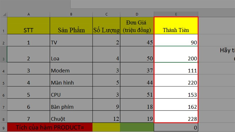 Kéo công thức tính tích trong excel để áp dụng cho nhiều hàng