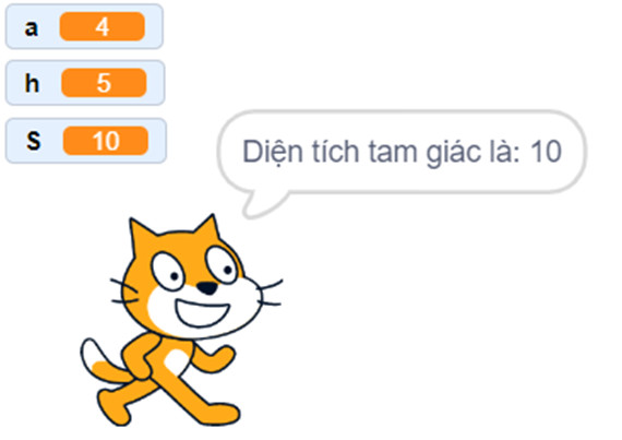 Kết quả hiển thị trên màn hình Scratch sau khi chương trình tính diện tích tam giác được thực thi.