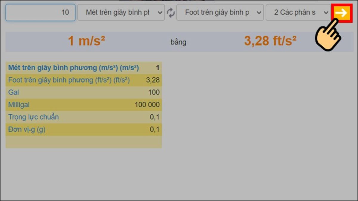 Kết quả quy đổi đơn vị gia tốc nhanh chóng
