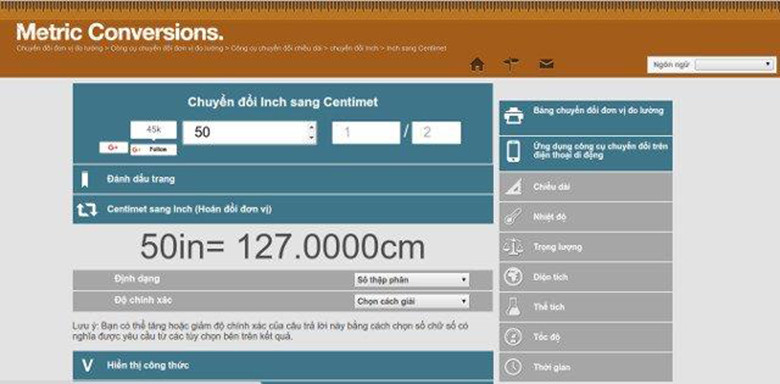 Kết quả quy đổi inch sang cm tivi bằng công cụ trực tuyến, minh họa công thức tính inch tivi
