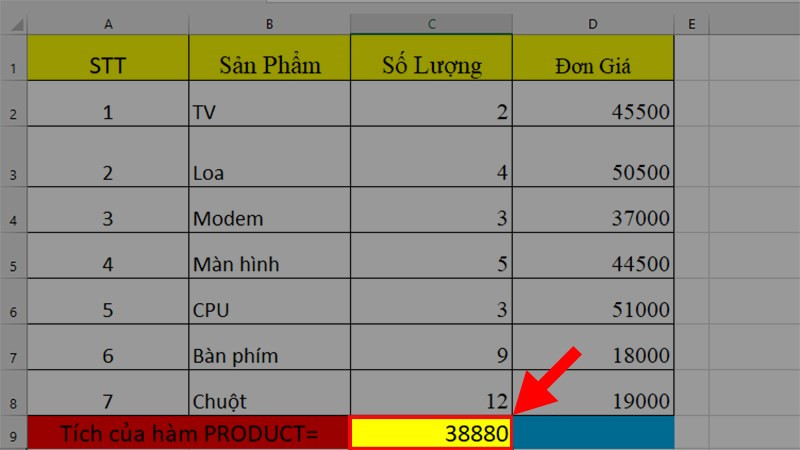 Kết quả sau khi nhập công thức tính tích trong excel với hàm PRODUCT