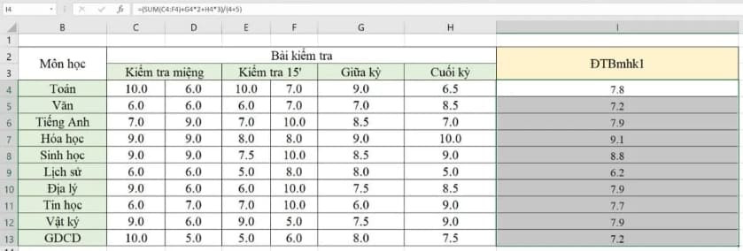 Kết quả tính công thức điểm trung bình môn bằng Excel