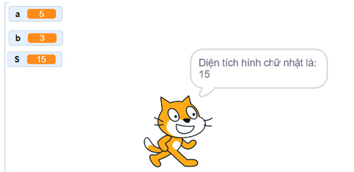 Kết quả tính diện tích hình chữ nhật hiển thị trên Scratch sau khi chạy chương trình