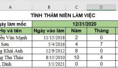 Kết quả tổng hợp công thức tính thâm niên trong Excel