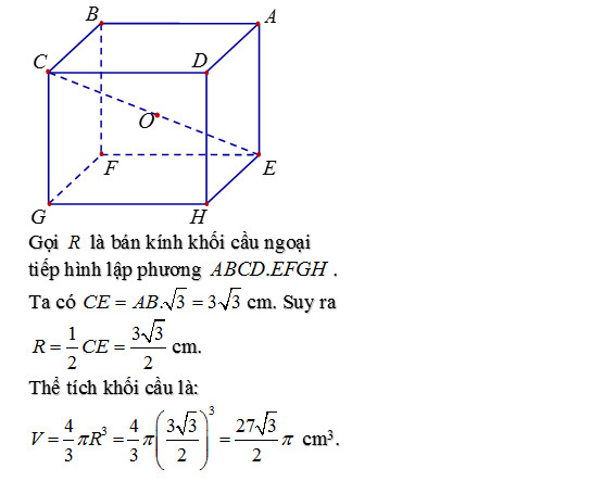 Khối cầu ngoại tiếp hình lập phương, minh họa bài tập tính thể tích