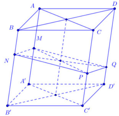 Khối lăng trụ đáy là hình bình hành ABCD.A'B'C'D' với các điểm M, N, P, Q đồng phẳng