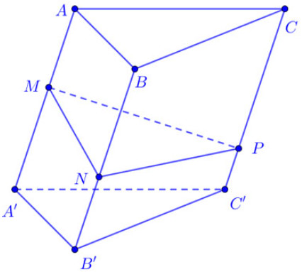 Khối lăng trụ tam giác ABC.A'B'C' và các điểm M, N, P trên cạnh bên