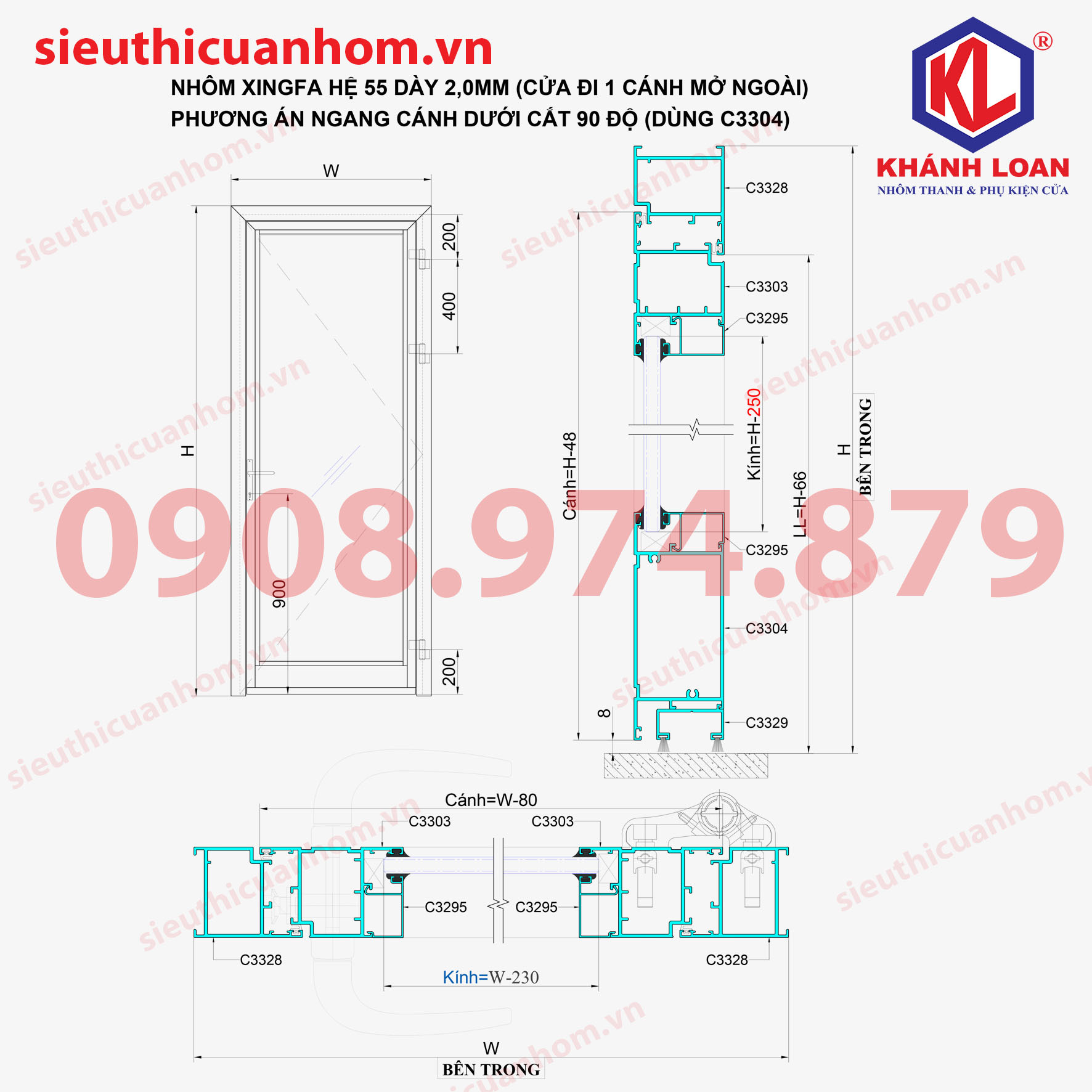 Kích thước kính cửa nhôm Xingfa hệ 55