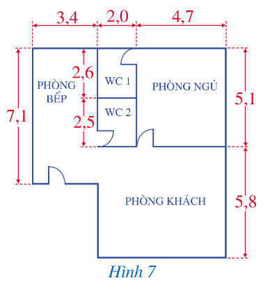 Mặt bằng ngôi nhà với các phòng được đánh dấu kích thước minh họa cách tính diện tích mặt bằng