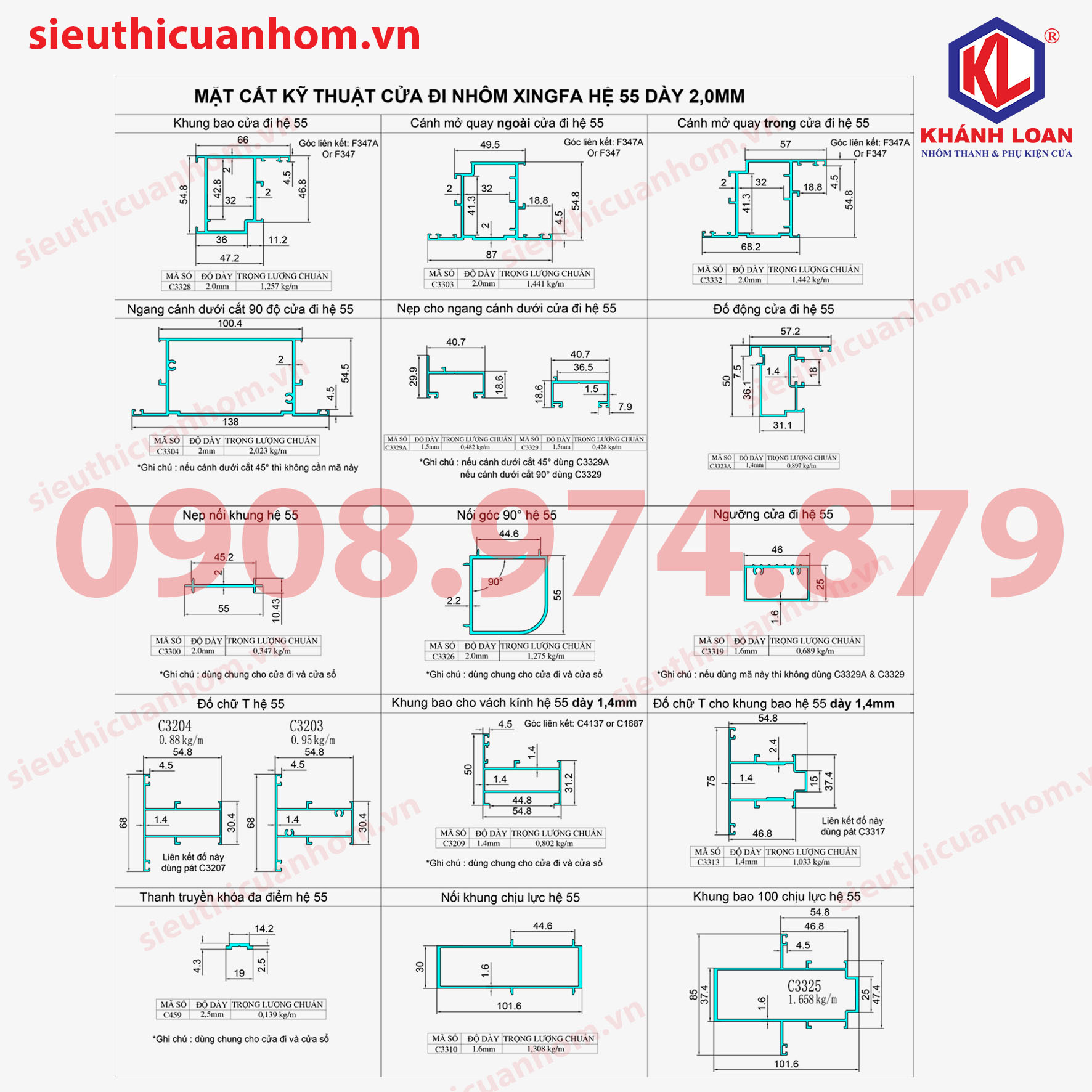 Mặt cắt nhôm cửa đi mở quay Xingfa hệ 55