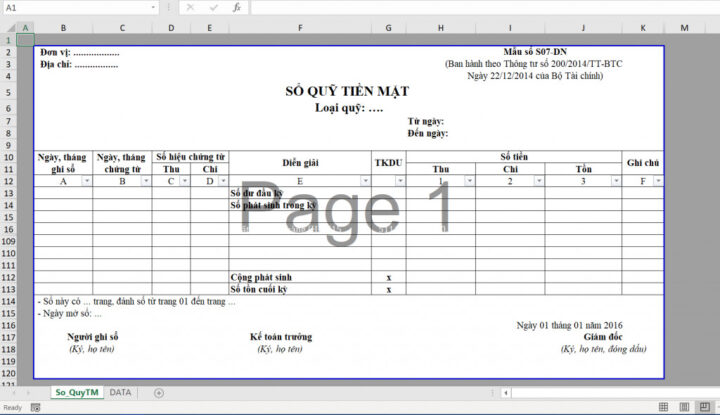 Mẫu sổ kế toán chi tiết quỹ tiền mặt theo dõi công thức tính thu chi tồn trong Excel