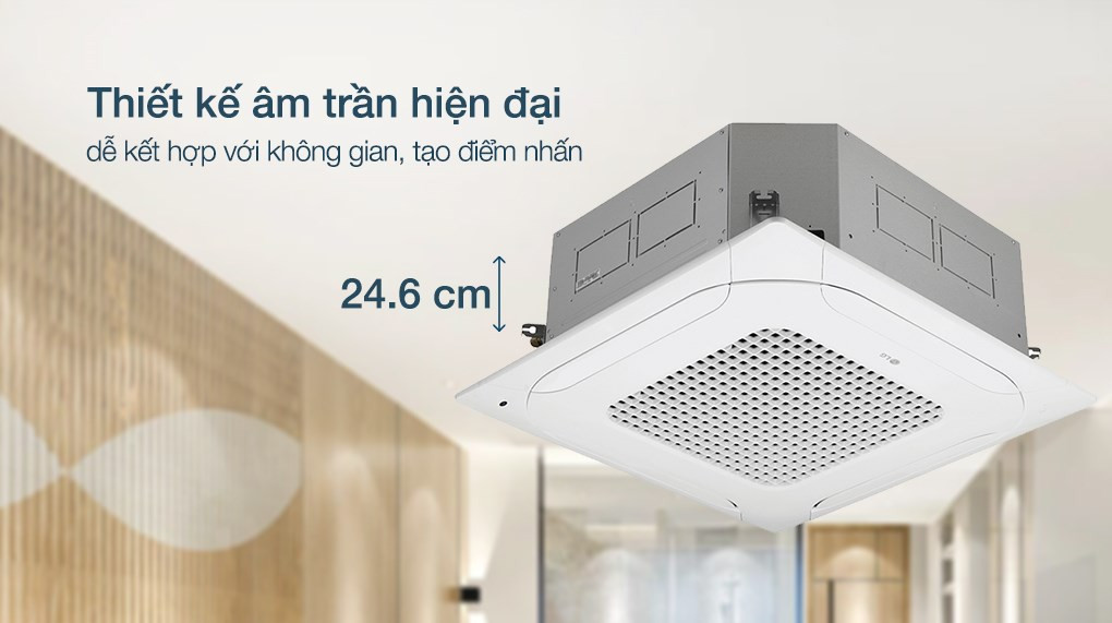 Máy lạnh âm trần LG Inverter 4 HP hoạt động trong không gian quán cà phê rộng rãi, minh họa việc tính diện tích phòng máy lạnh cho các khu vực công cộng.