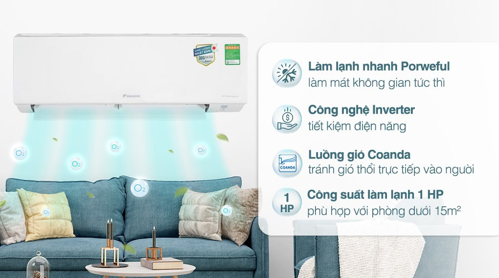 Máy lạnh Daikin Inverter 1 HP đang hoạt động trong phòng khách hiện đại, thể hiện công suất phù hợp cho việc tính diện tích phòng máy lạnh dưới 15m2.
