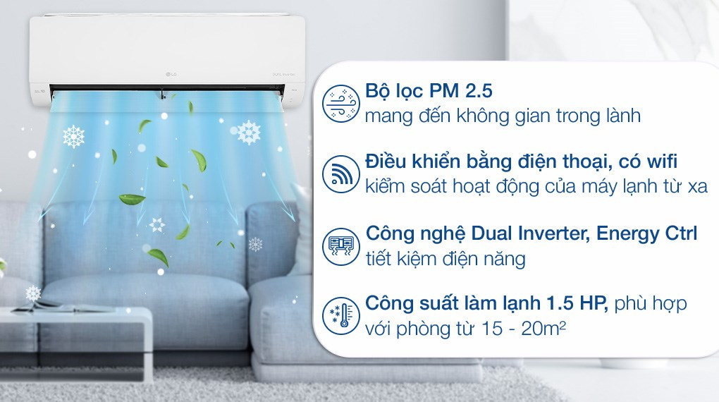 Máy lạnh LG Inverter 1.5 HP gắn tường, minh họa cách chọn công suất phù hợp khi tính diện tích phòng máy lạnh theo thể tích dưới 60m3.