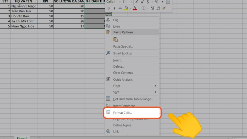 Menu Format Cells trong Excel, chỉ dẫn cách định dạng kết quả thành phần trăm, áp dụng cho cả kết quả từ công thức tính phần trăm giảm giá.