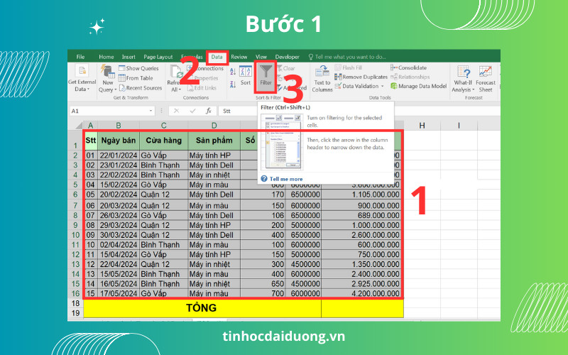 Minh họa các bước chuẩn bị và lọc dữ liệu trong Excel