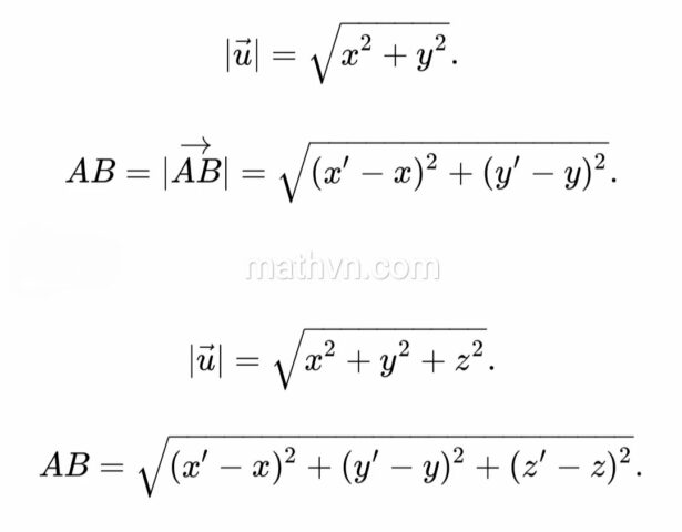 Minh họa công thức tính độ dài đoạn thẳng và vector trong hệ tọa độ Oxy