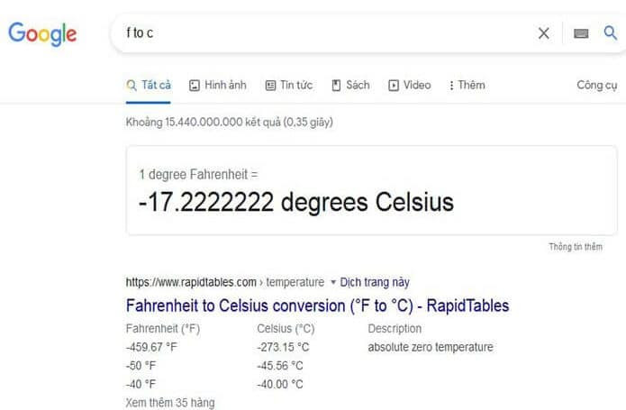 Mô tả cách dùng Google để chuyển đổi công thức tính độ F sang độ C
