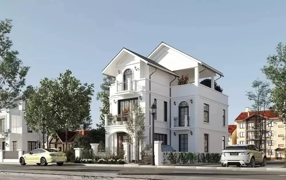 Ngôi nhà mái thái 2 tầng điển hình, minh họa việc tính diện tích sàn và mái