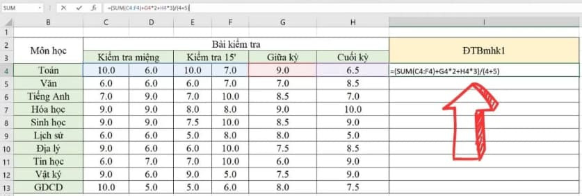 Nhập công thức tính trung bình môn vào Excel để tự động hóa quá trình