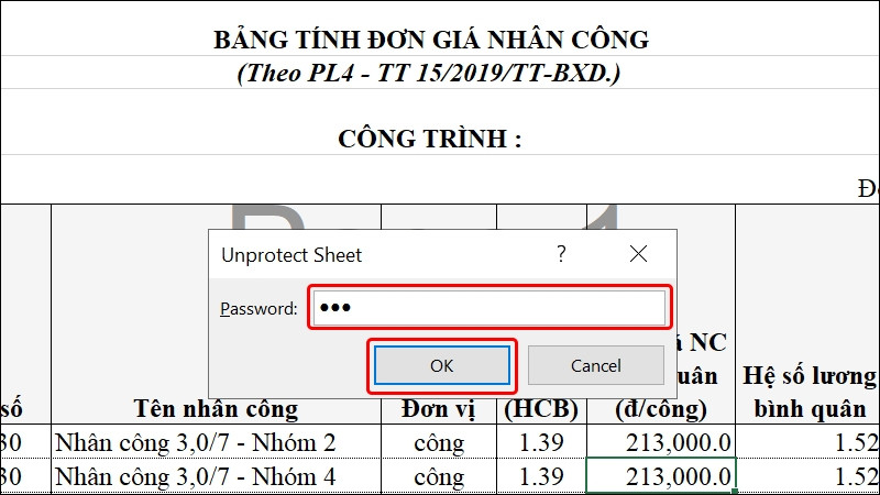 Nhập mật khẩu đã đặt để bỏ bảo vệ và xem lại công thức.