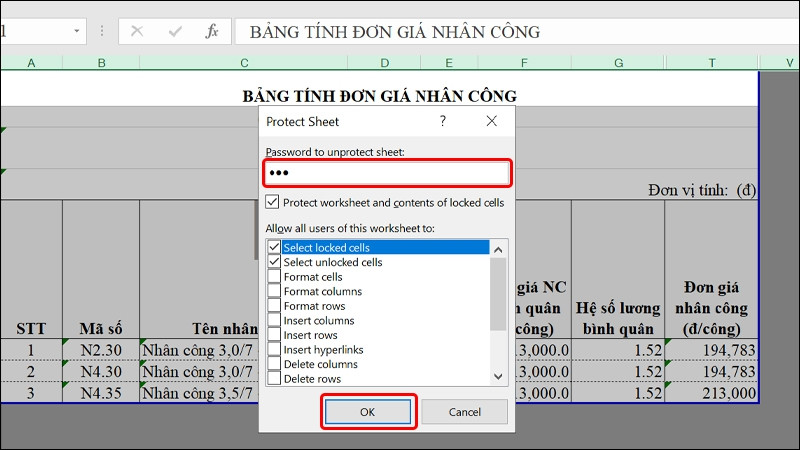 Nhập mật khẩu để bảo vệ trang tính và ẩn công thức.