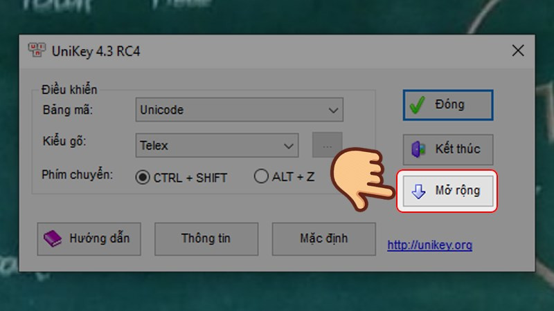 Nút "Mở rộng" trong Unikey giúp tùy chỉnh các chức năng đánh chữ có dấu trên máy vi tính