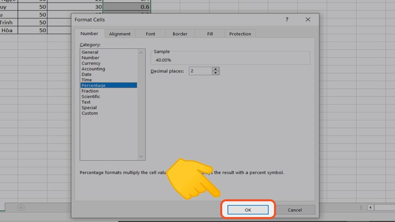 Nút OK trong hộp thoại Excel, hoàn tất quá trình định dạng ô phần trăm, sau khi áp dụng công thức tính phần trăm giảm giá và các phép tính khác.