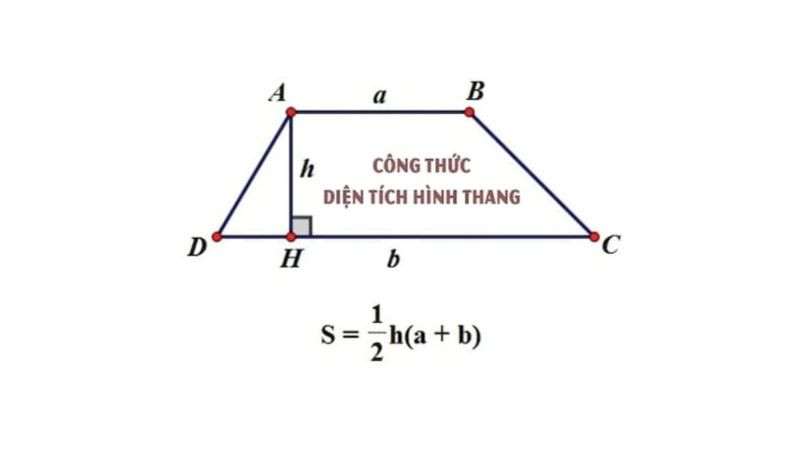 Sơ đồ biểu diễn công thức tính diện tích hình thang tổng quát, bao gồm chiều cao và độ dài hai đáy.