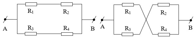 Sơ đồ đơn giản hóa mạch cầu cân bằng để tính điện trở tương đương