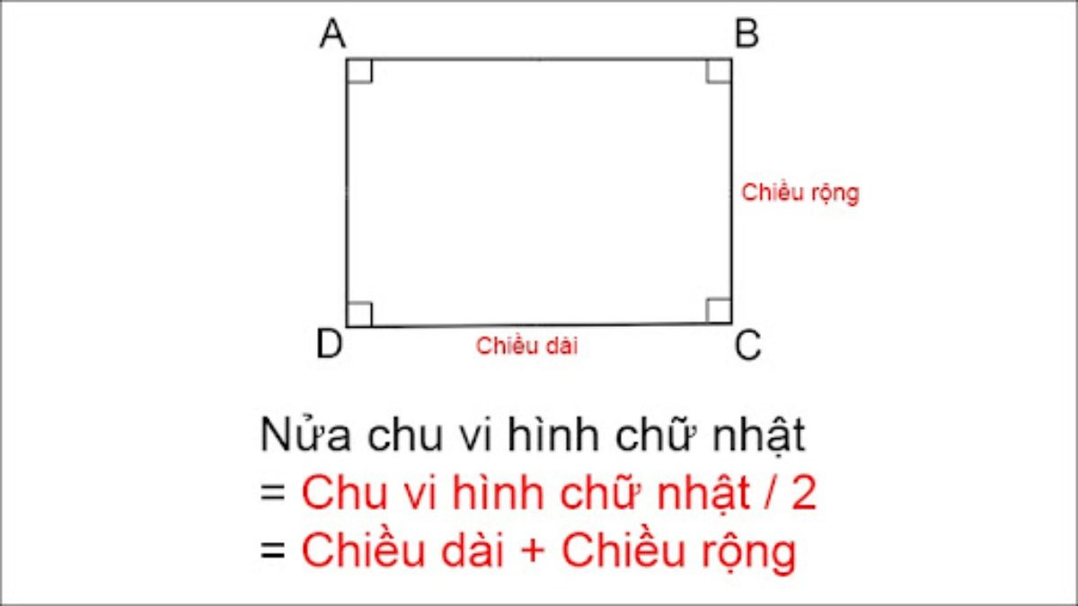 Sơ đồ giải thích công thức tính nửa chu vi hình chữ nhật, một bước quan trọng để tính chu vi hình chữ nhật khi biết diện tích