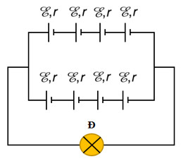 Sơ đồ mạch điện gồm bộ nguồn hỗn hợp đối xứng và bóng đèn, áp dụng công thức suất điện động
