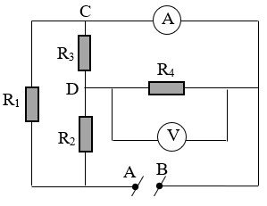Sơ đồ mạch điện phức tạp với ampe kế và vôn kế