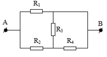 Sơ đồ mạch điện phức tạp với các điện trở R1, R2, R3, R4