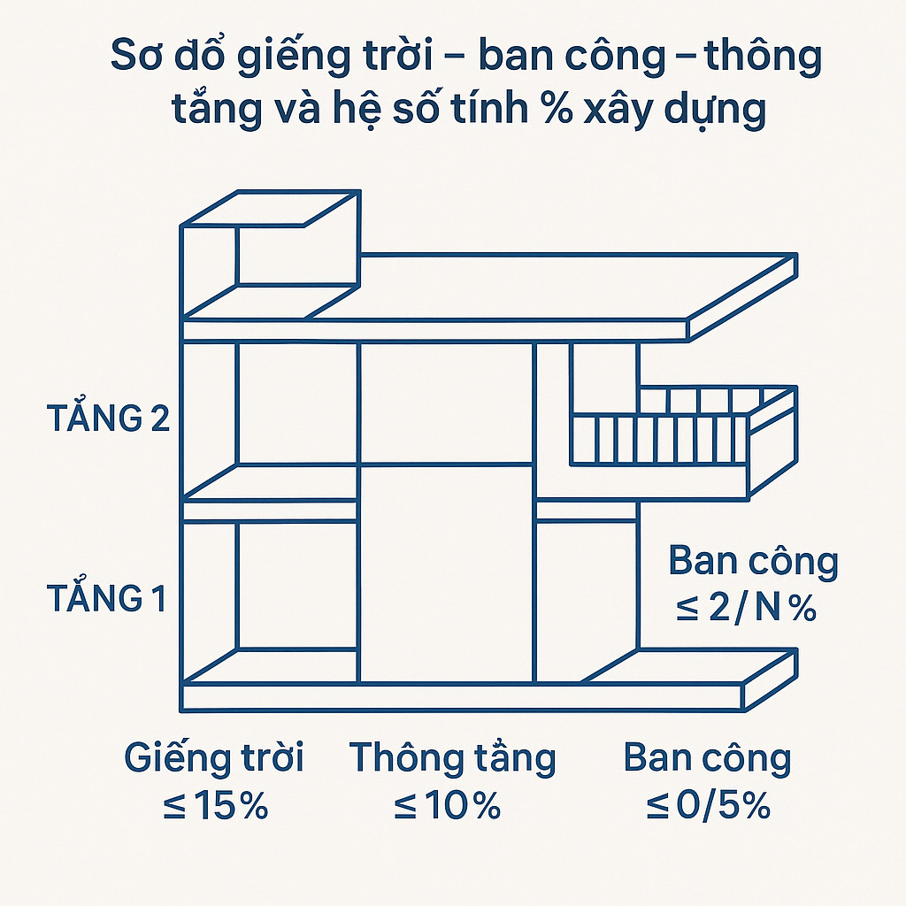 Sơ đồ minh họa các cấu kiện kiến trúc như giếng trời, ban công, thông tầng và hệ số tính diện tích xây dựng