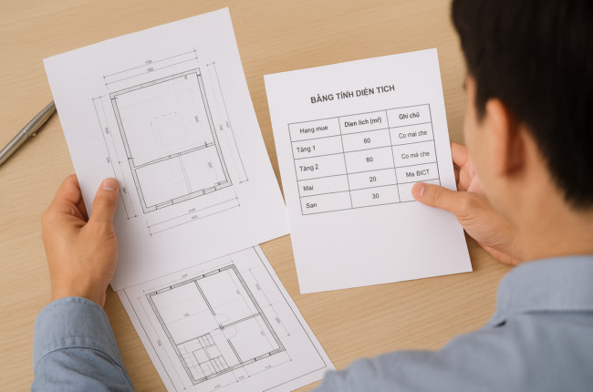 So sánh bản vẽ xin phép và bảng bóc tách diện tích xây dựng thực tế để hiểu rõ về tính tam cấp