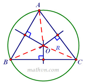Tam giác ABC nội tiếp đường tròn ngoại tiếp bán kính R, minh họa công thức diện tích tam giác liên quan đến R.