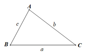 Tam giác ABC với các cạnh a, b, c và góc A, B, C minh họa định lý cosin.