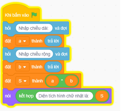 Tạo các khối lệnh Scratch để tính diện tích hình chữ nhật: khai báo biến, nhập liệu và thực hiện phép tính.