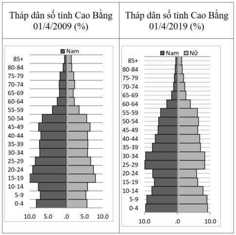 Tháp dân số tỉnh Cao Bằng so sánh giữa năm 2009 và 2019, thể hiện cơ cấu dân số theo độ tuổi và giới tính.