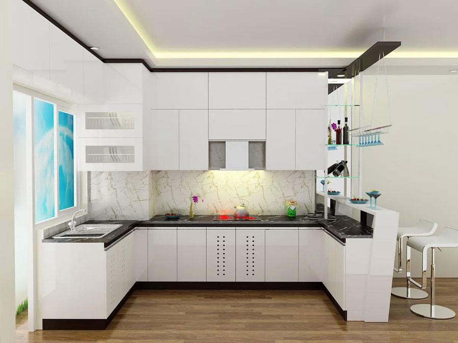 Thiết kế tủ bếp chữ U tiện lợi, kết hợp không gian thư giãn, cần công thức tính mét dài chính xác